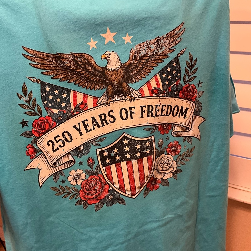 Handmade Patriotic 250th Anniversary Bright Turquoise V-Neck Tee Flag Eagle